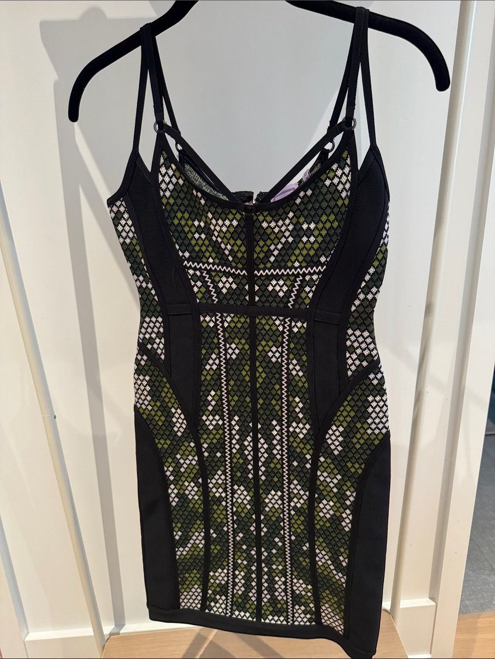 Herve Leger Green and Black Patterned Bandage Mini Dress